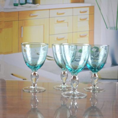 Vintage Scandinavian Style Engraved Turqoise Crystal Wine Glass , Clear Goblet Glasses