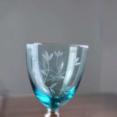 Vintage Scandinavian Style Engraved Turqoise Crystal Wine Glass , Clear Goblet Glasses