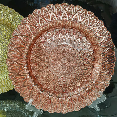 Golden Color Dessert Glass Charger Plates , Decorative Charger Plates For Wedding