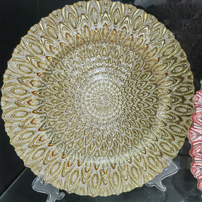 Golden Color Dessert Glass Charger Plates , Decorative Charger Plates For Wedding