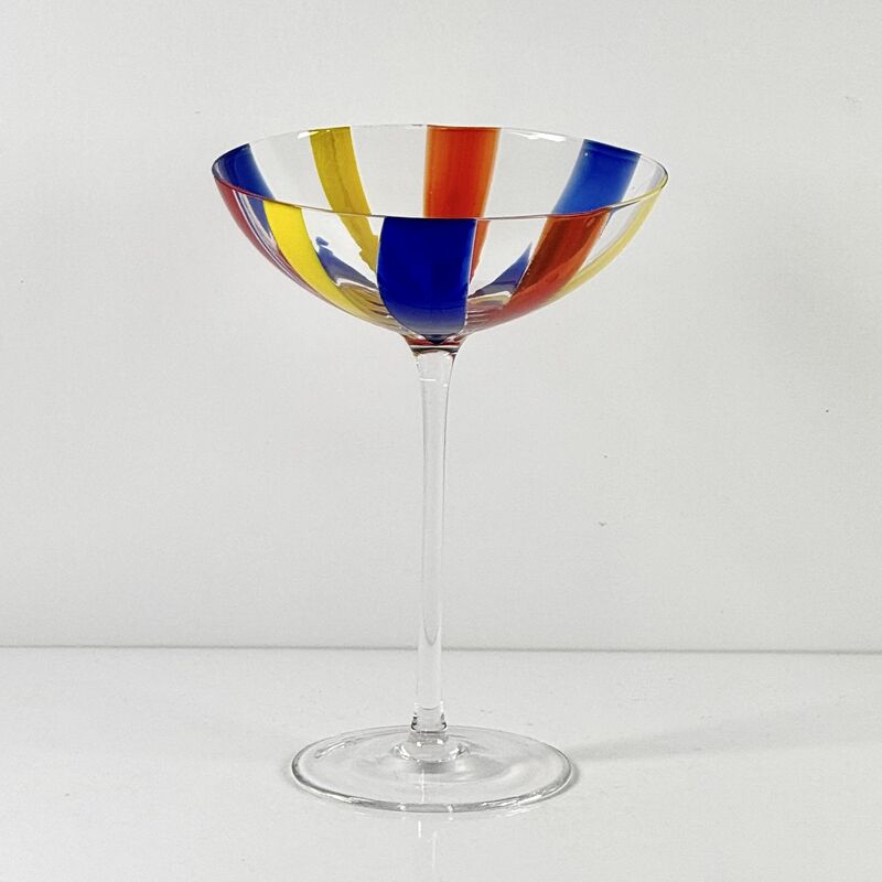 品質 Hand Blown Art Glass Goblet & Coupe Glass Set, Vibrant Red Yellow Blue Vertical Cane Stripes Murano Style Stemmed Wine & Martini Glasses for Bar, Party & Gift 工場