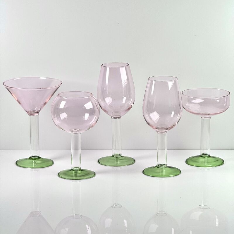 品質 Hand Blown Borosilicate Stemmed Wine & Cocktail Glass Set, Pink Bowl with Green Hollow Stem Base, Colored Spray Tinted Art Goblets for Bar, Wedding & Table Decor 工場