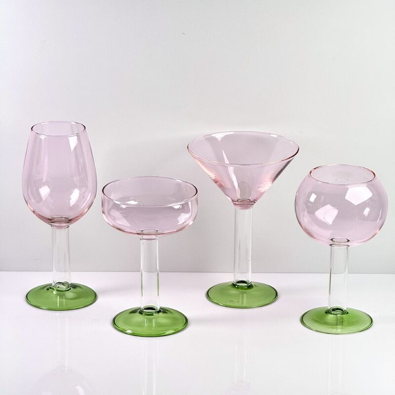 品質 Hand Blown Borosilicate Stemmed Wine & Cocktail Glass Set, Pink Bowl with Green Hollow Stem Base, Colored Spray Tinted Art Goblets for Bar, Wedding & Table Decor 工場