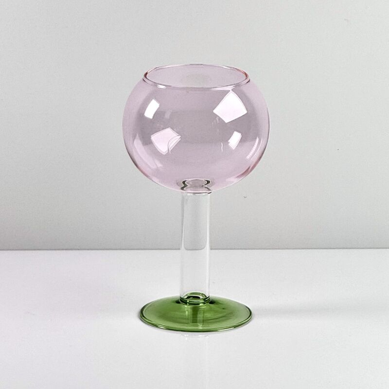 品質 Hand Blown Borosilicate Stemmed Wine & Cocktail Glass Set, Pink Bowl with Green Hollow Stem Base, Colored Spray Tinted Art Goblets for Bar, Wedding & Table Decor 工場