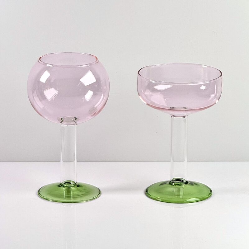 品質 Hand Blown Borosilicate Stemmed Wine & Cocktail Glass Set, Pink Bowl with Green Hollow Stem Base, Colored Spray Tinted Art Goblets for Bar, Wedding & Table Decor 工場