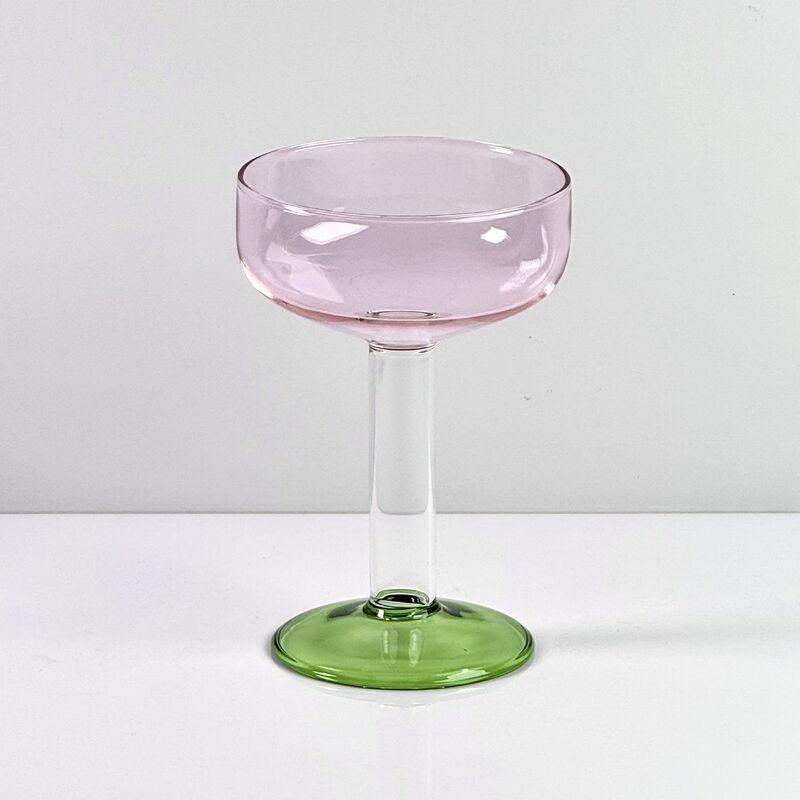 品質 Hand Blown Borosilicate Stemmed Wine & Cocktail Glass Set, Pink Bowl with Green Hollow Stem Base, Colored Spray Tinted Art Goblets for Bar, Wedding & Table Decor 工場