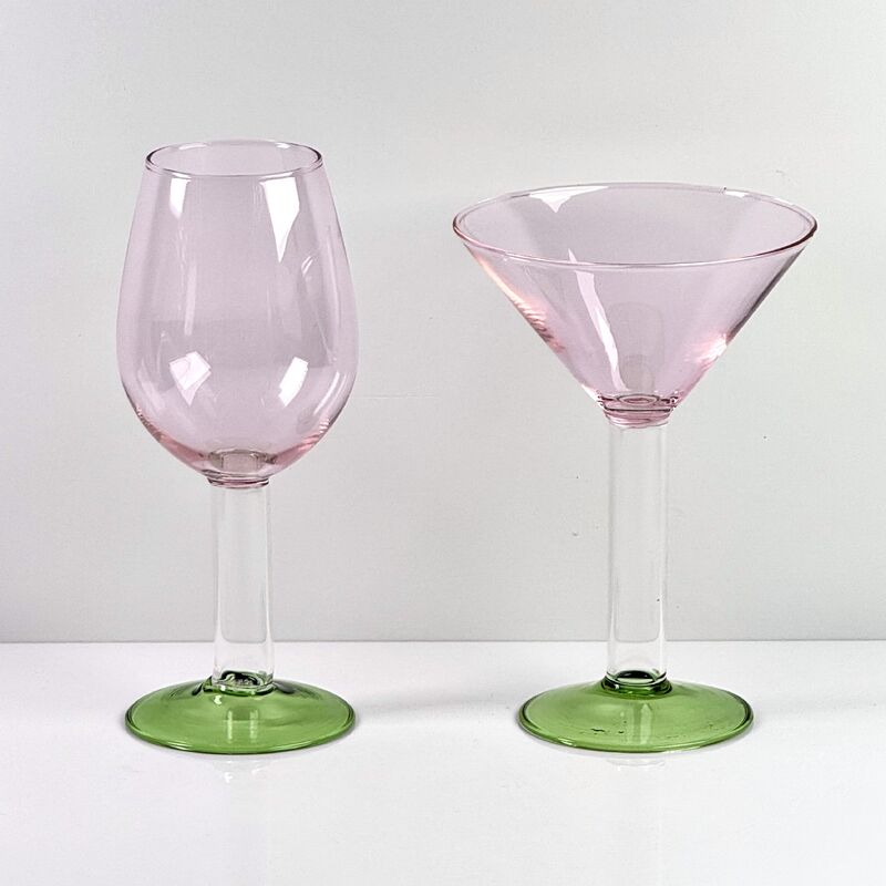 品質 Hand Blown Borosilicate Stemmed Wine & Cocktail Glass Set, Pink Bowl with Green Hollow Stem Base, Colored Spray Tinted Art Goblets for Bar, Wedding & Table Decor 工場