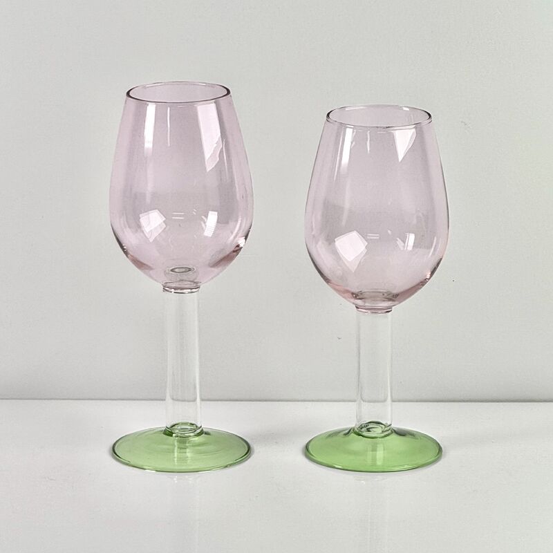 品質 Hand Blown Borosilicate Stemmed Wine & Cocktail Glass Set, Pink Bowl with Green Hollow Stem Base, Colored Spray Tinted Art Goblets for Bar, Wedding & Table Decor 工場