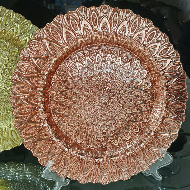 Golden Color Dessert Glass Charger Plates , Decorative Charger Plates For Wedding