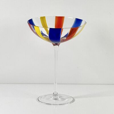 品質 Hand Blown Art Glass Goblet & Coupe Glass Set, Vibrant Red Yellow Blue Vertical Cane Stripes Murano Style Stemmed Wine & Martini Glasses for Bar, Party & Gift 工場