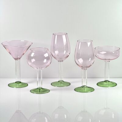 品質 Hand Blown Borosilicate Stemmed Wine & Cocktail Glass Set, Pink Bowl with Green Hollow Stem Base, Colored Spray Tinted Art Goblets for Bar, Wedding & Table Decor 工場
