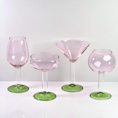 品質 Hand Blown Borosilicate Stemmed Wine & Cocktail Glass Set, Pink Bowl with Green Hollow Stem Base, Colored Spray Tinted Art Goblets for Bar, Wedding & Table Decor 工場