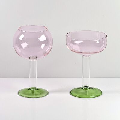 品質 Hand Blown Borosilicate Stemmed Wine & Cocktail Glass Set, Pink Bowl with Green Hollow Stem Base, Colored Spray Tinted Art Goblets for Bar, Wedding & Table Decor 工場