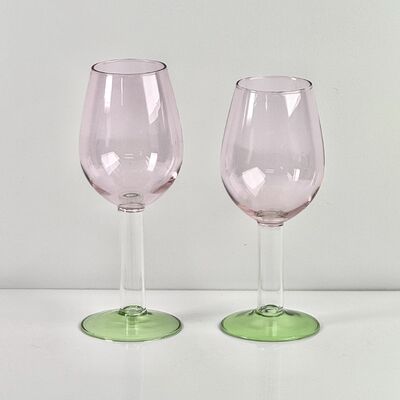 品質 Hand Blown Borosilicate Stemmed Wine & Cocktail Glass Set, Pink Bowl with Green Hollow Stem Base, Colored Spray Tinted Art Goblets for Bar, Wedding & Table Decor 工場
